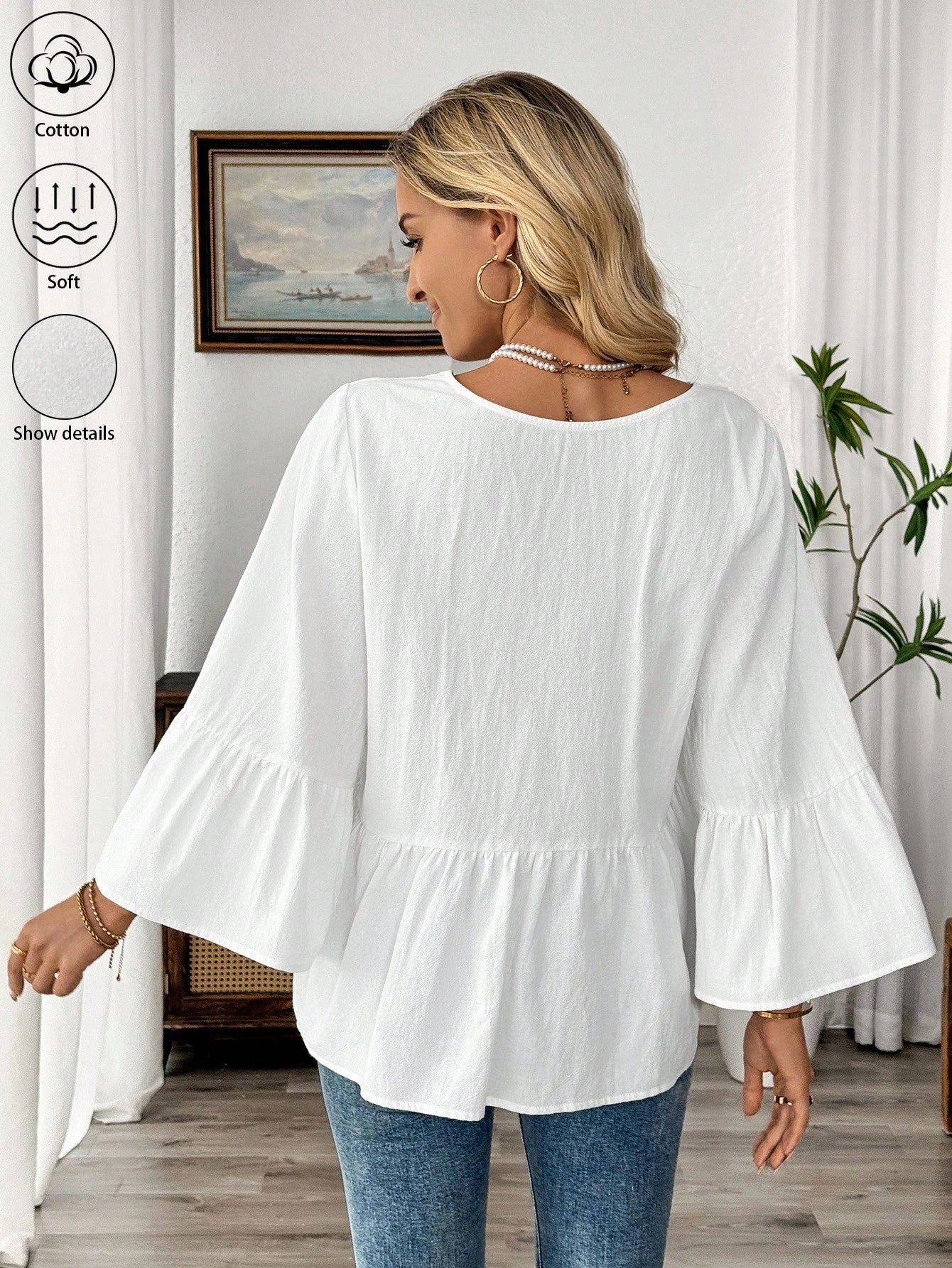 EMERY ROSE White V-Neck Ruffle Sleeve Women's Casual Shirt