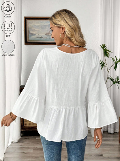 EMERY ROSE White V-Neck Ruffle Sleeve Women's Casual Shirt