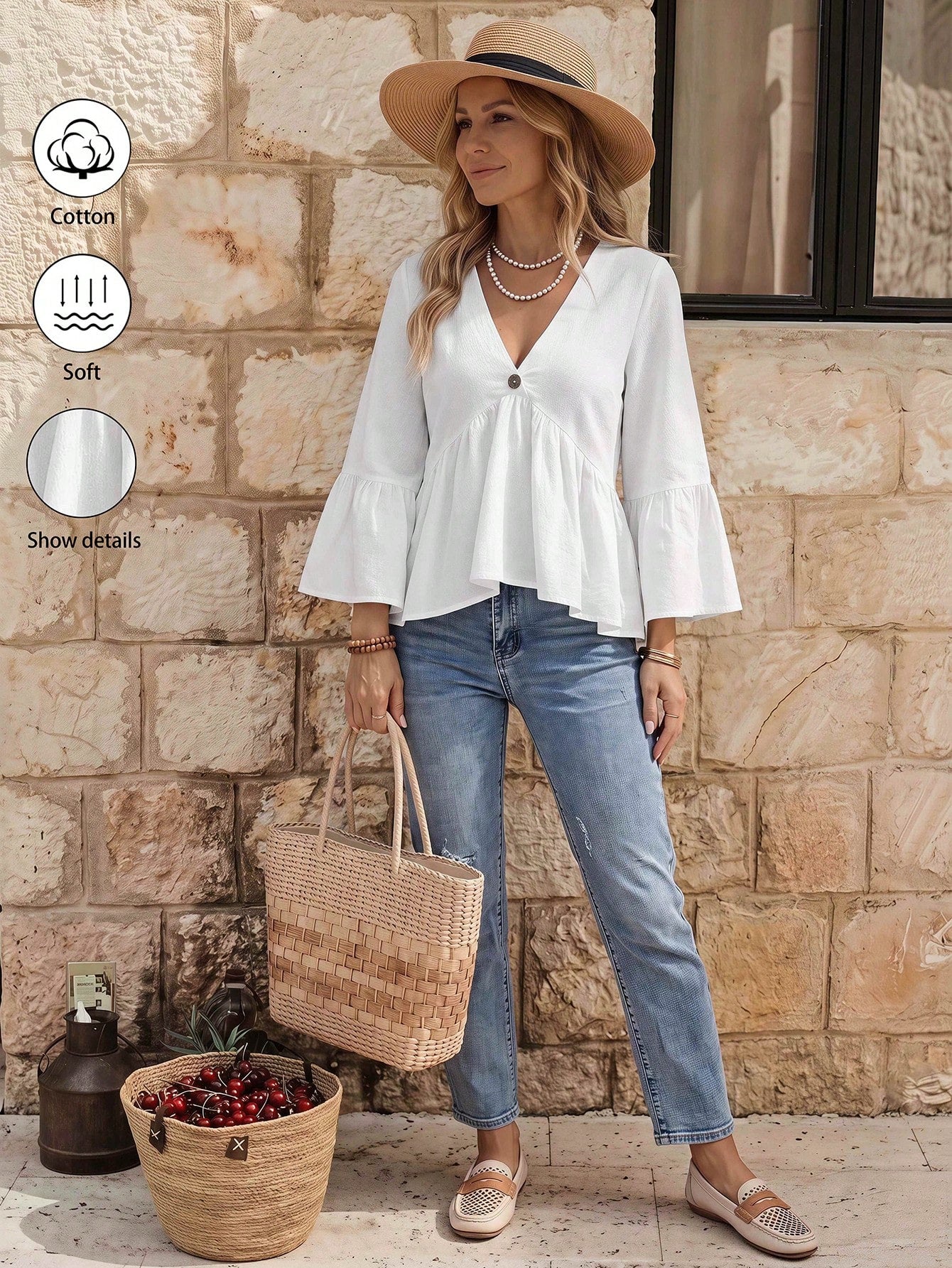 EMERY ROSE White V-Neck Ruffle Sleeve Women's Casual Shirt