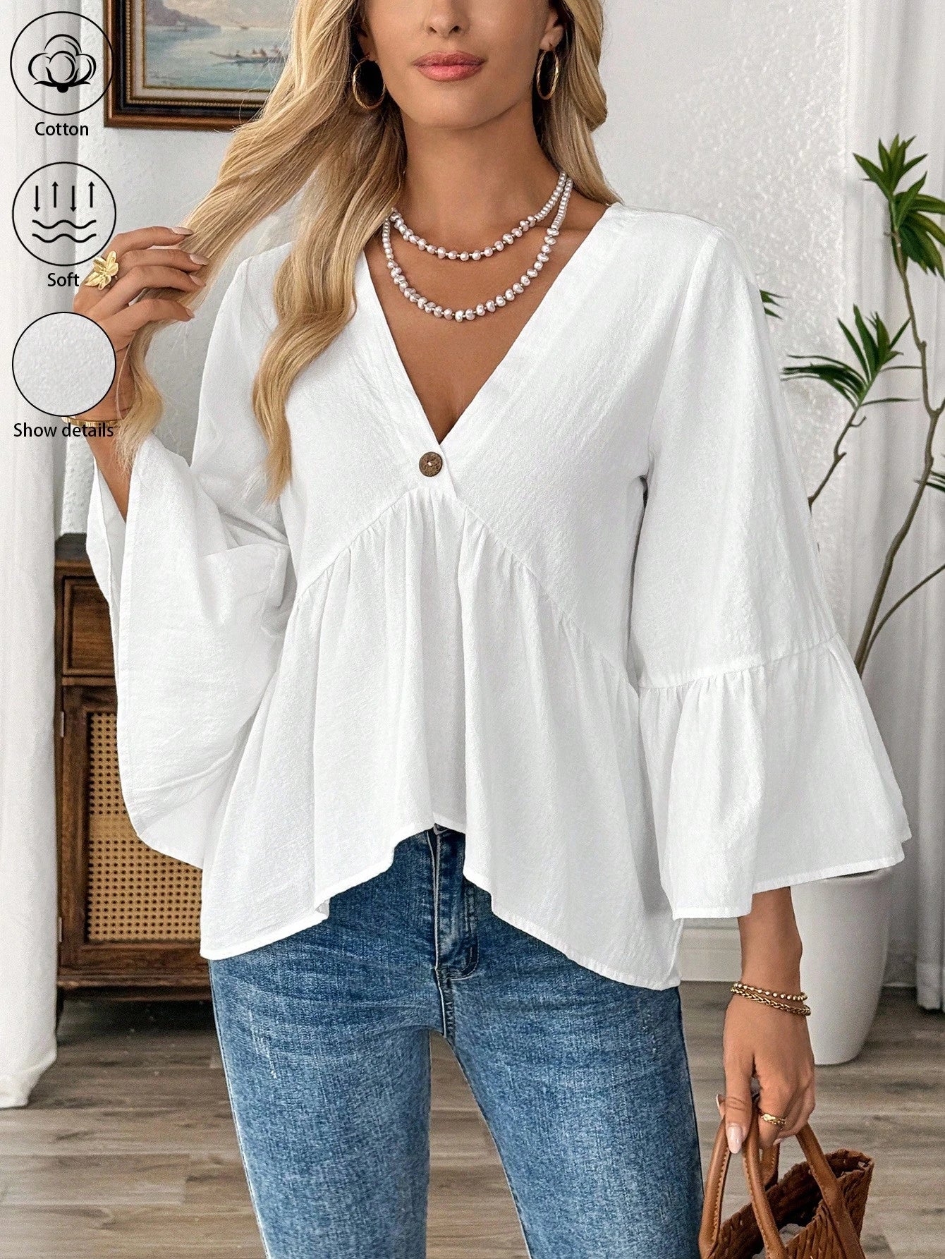 EMERY ROSE White V-Neck Ruffle Sleeve Women's Casual Shirt