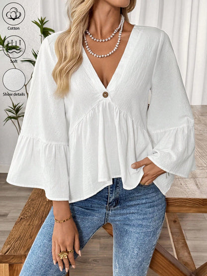 EMERY ROSE White V-Neck Ruffle Sleeve Women's Casual Shirt