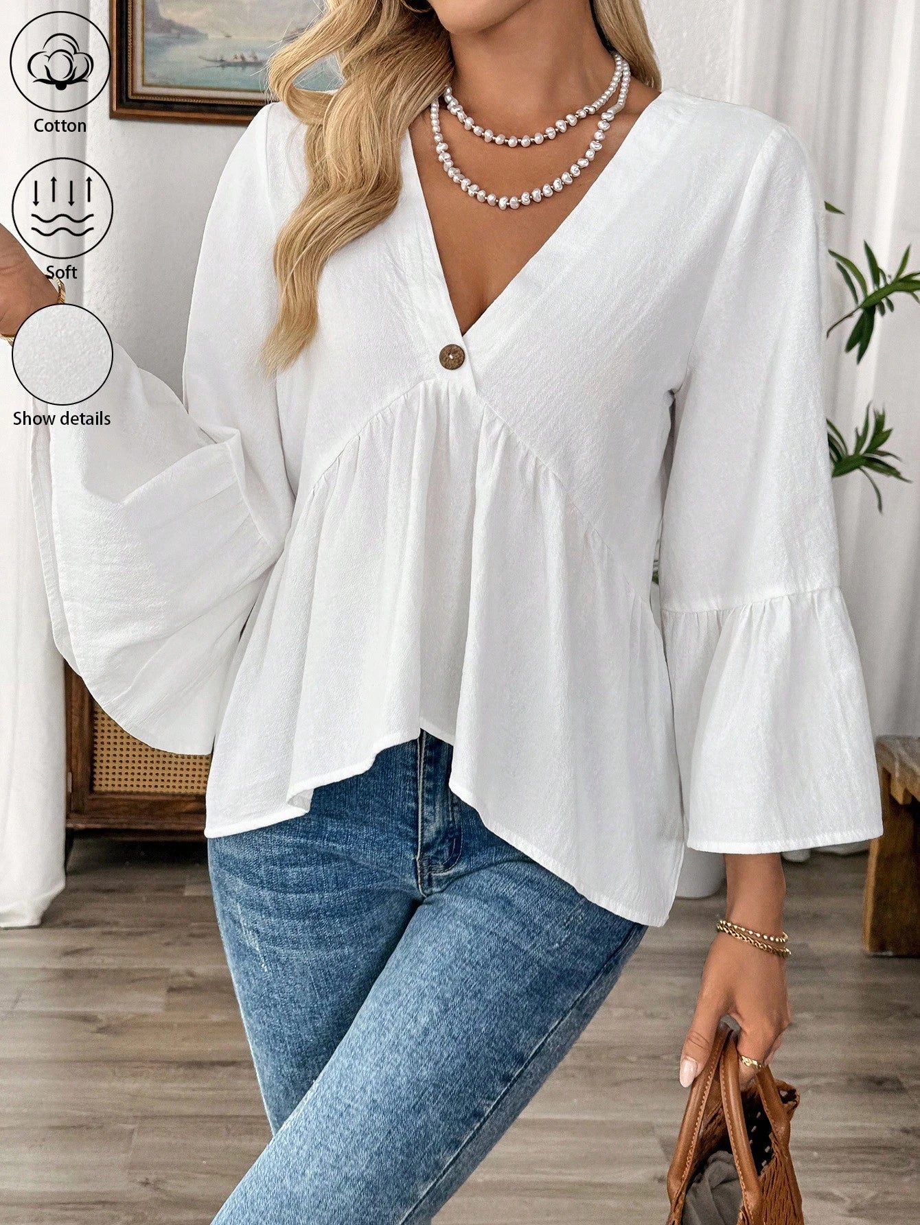 EMERY ROSE White V-Neck Ruffle Sleeve Women's Casual Shirt