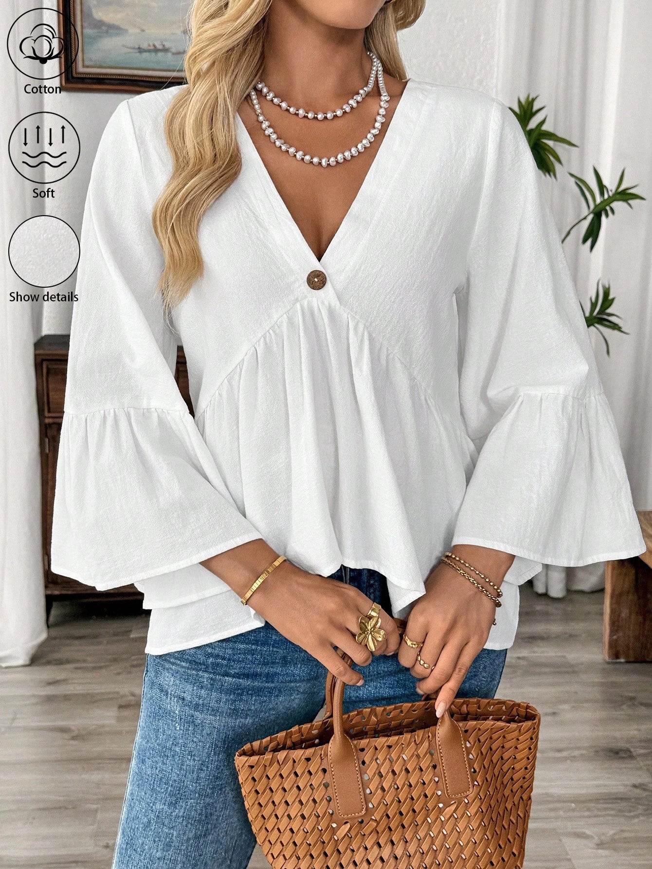 EMERY ROSE White V-Neck Ruffle Sleeve Women's Casual Shirt