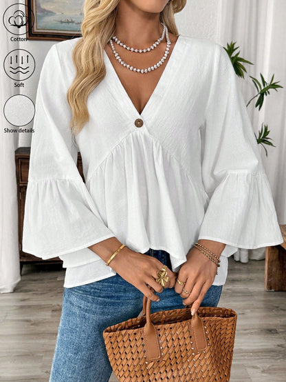 EMERY ROSE White V-Neck Ruffle Sleeve Women's Casual Shirt