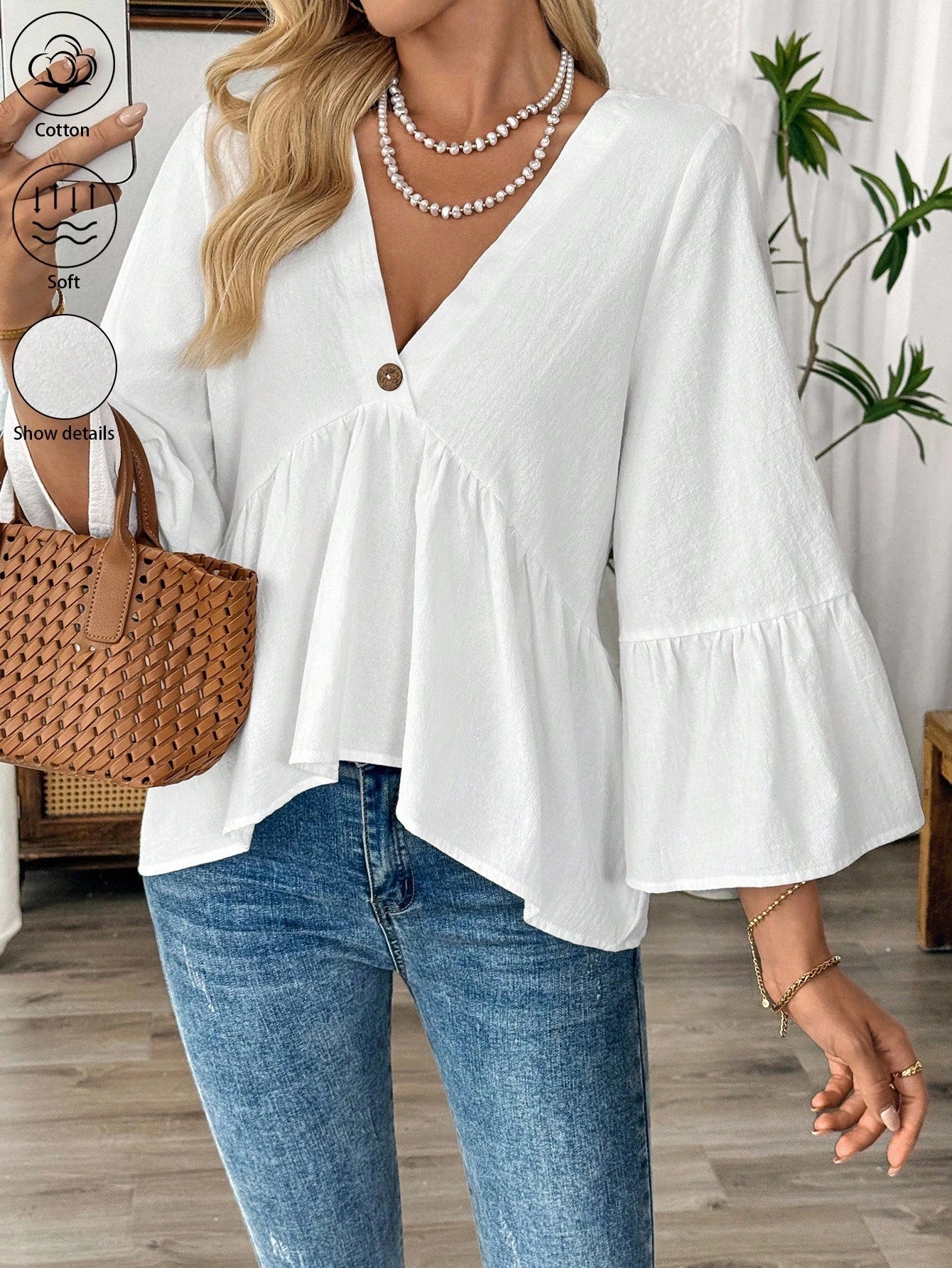 EMERY ROSE White V-Neck Ruffle Sleeve Women's Casual Shirt