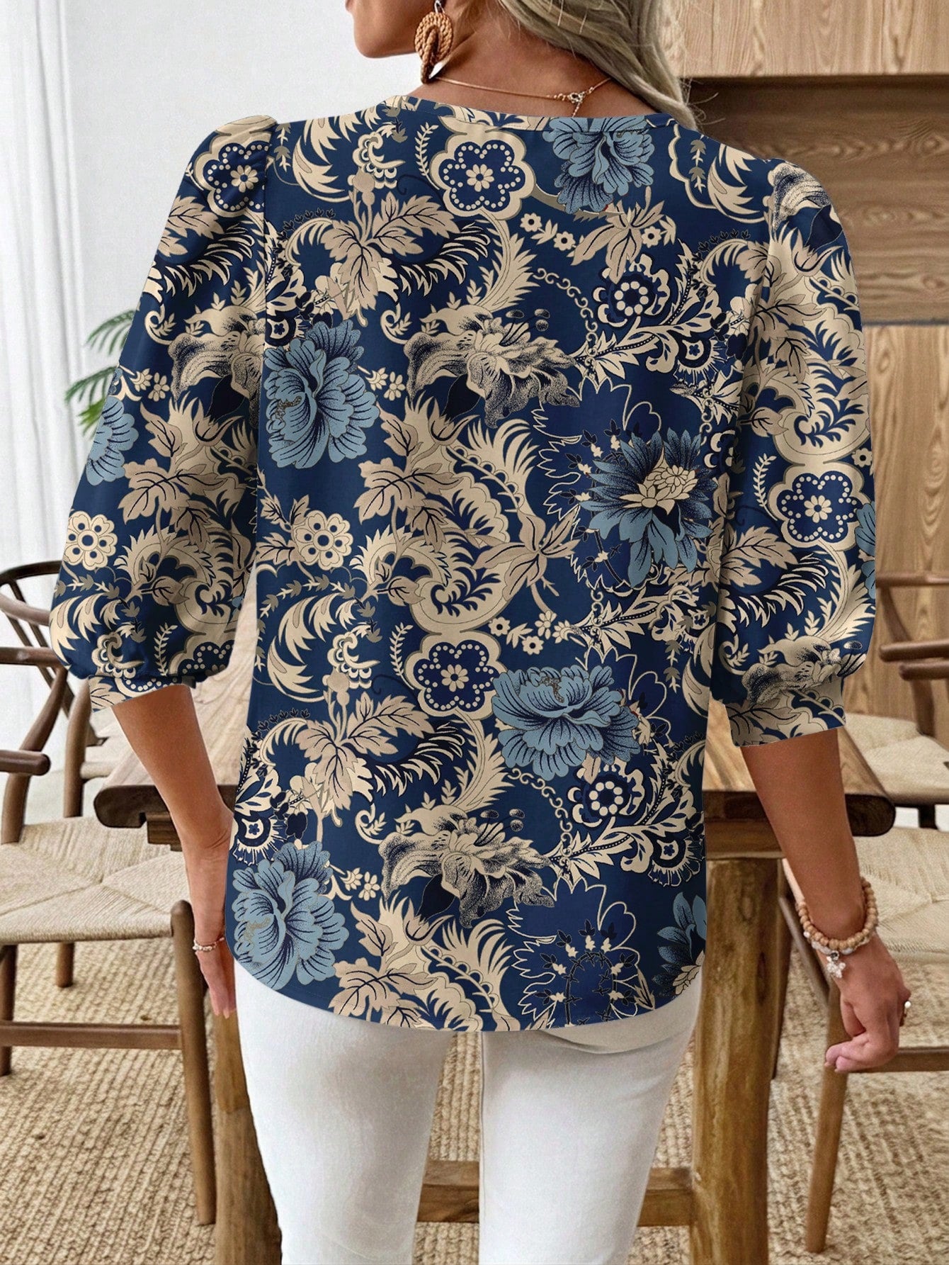 EMERY ROSE Women's Casual Commuter Printed Lantern Sleeve Shirt