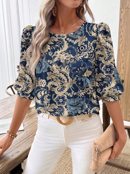 EMERY ROSE Women's Casual Commuter Printed Lantern Sleeve Shirt