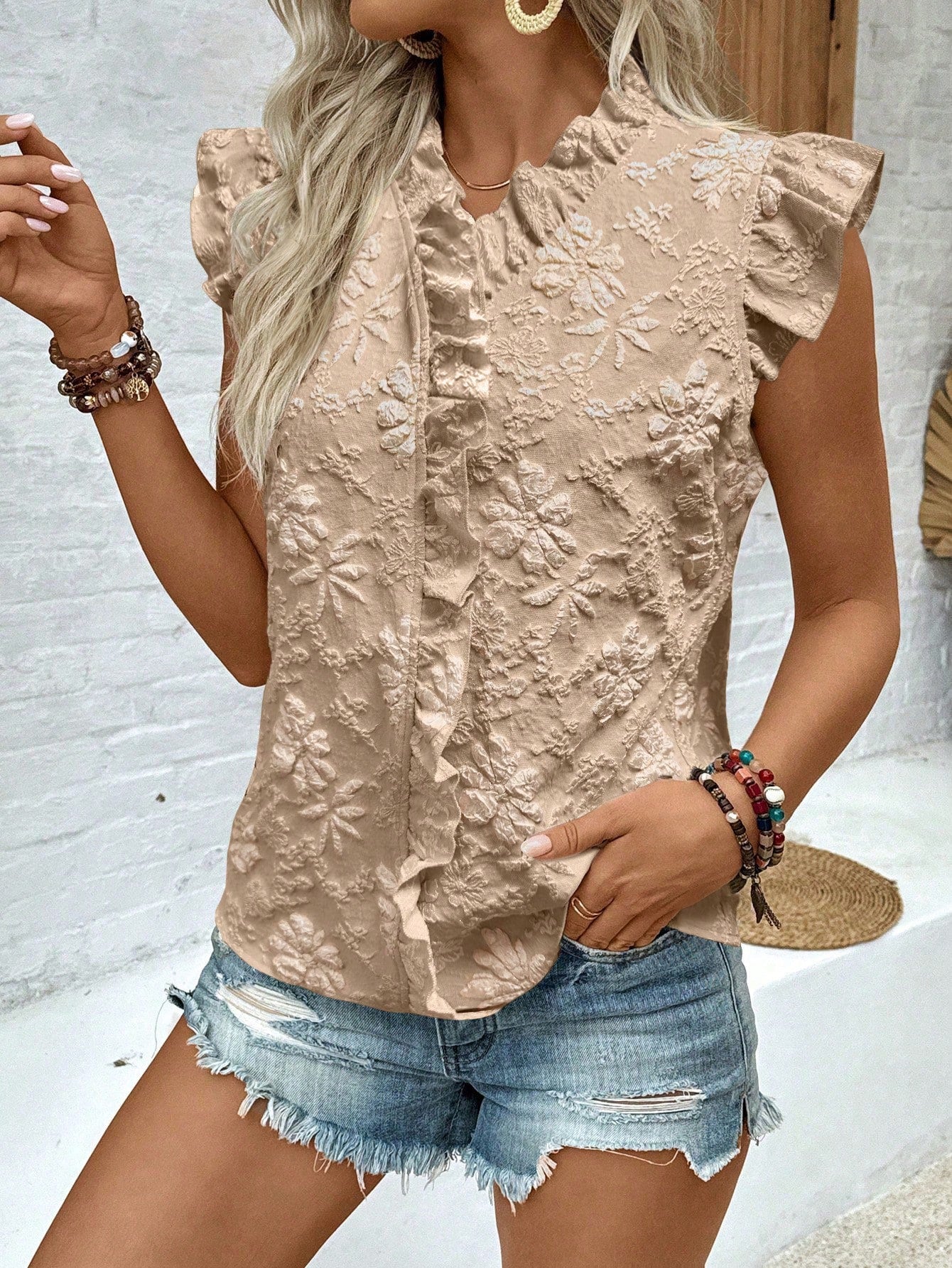 EMERY ROSE Women's Casual Floral Print Cap Sleeve Bowknot Shirt, For Daily & Holiday Wear