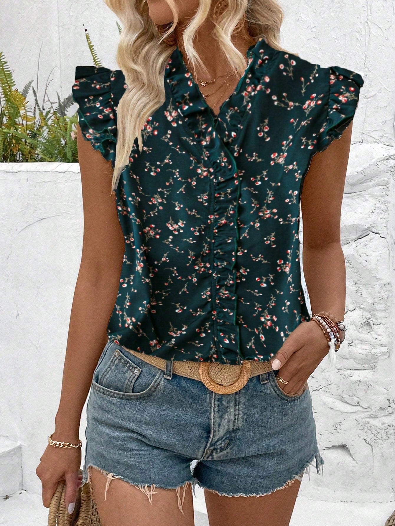 EMERY ROSE Women's Casual Floral Print Cap Sleeve Bowknot Shirt, For Daily & Holiday Wear