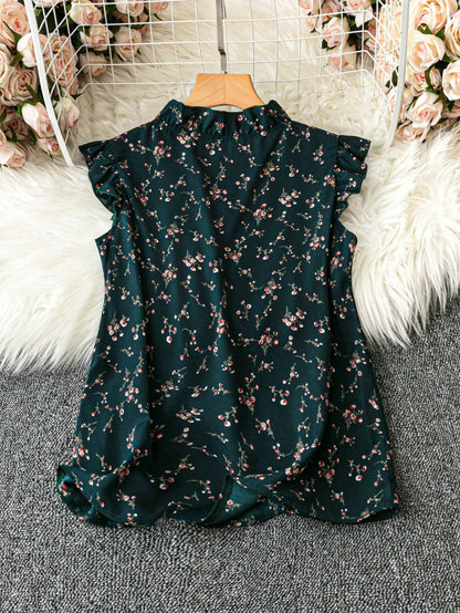 EMERY ROSE Women's Casual Floral Print Cap Sleeve Bowknot Shirt, For Daily & Holiday Wear