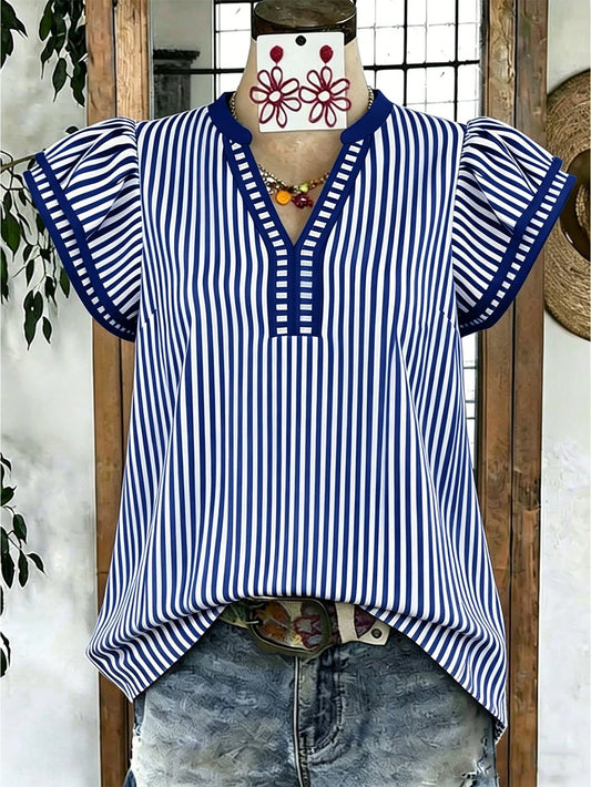 EMERY ROSE Women's Casual Striped V-Neck Top, Brown And White Color Block, Short Puff Sleeves With Contrast Trim, Loose Fit Everyday Top, Women's Summer Top, Women's Office Top