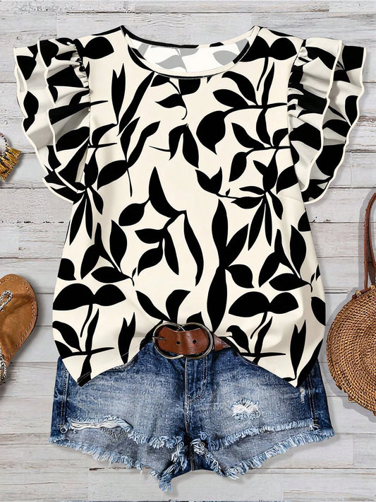EMERY ROSE Women's Casual Vacation Plant Print Cap Sleeve Blouse,Summer Top