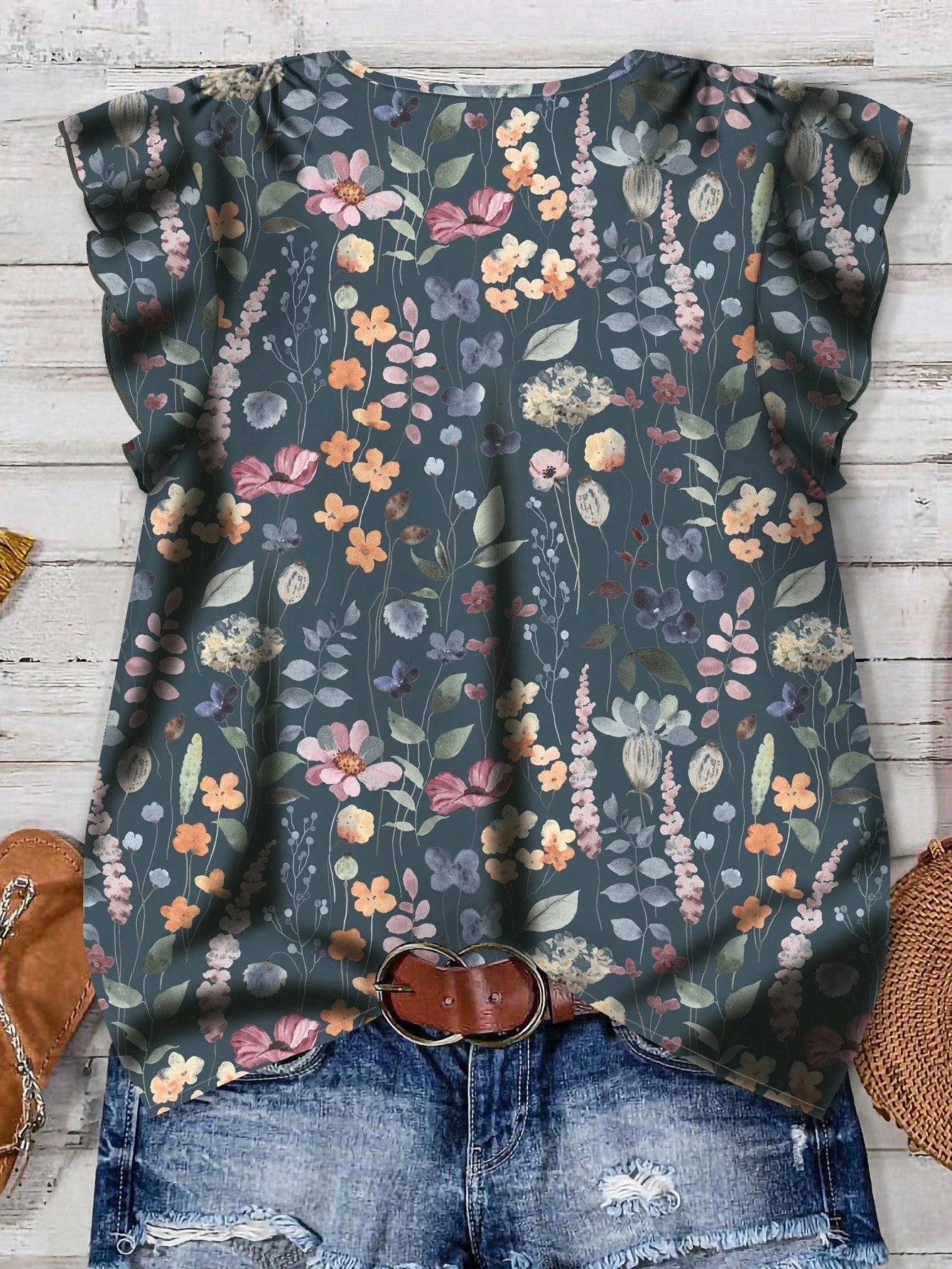 EMERY ROSE Women's Elegant Flutter Sleeve Loose Blouse,Dark Grey,Summer,Boho,Holiday,Vacation,Holiday,Front Button Closure,Ditsy Vintage Flower Pattern Blouses
