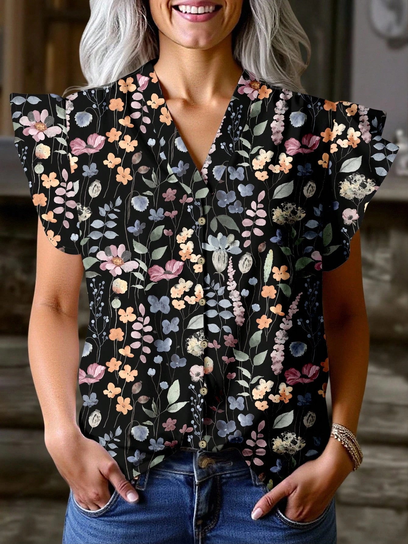 EMERY ROSE Women's Elegant Flutter Sleeve Loose Blouse,Dark Grey,Summer,Boho,Holiday,Vacation,Holiday,Front Button Closure,Ditsy Vintage Flower Pattern Blouses
