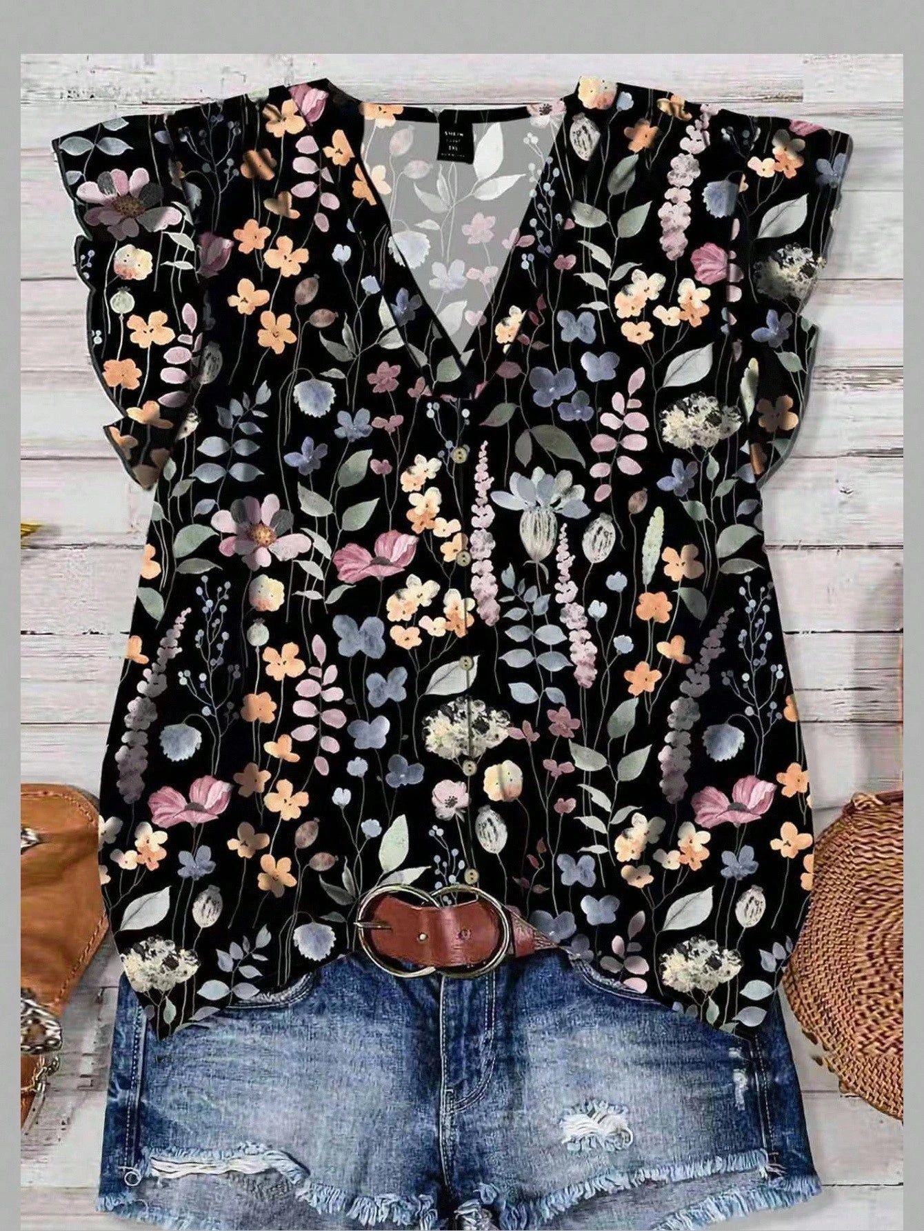 EMERY ROSE Women's Elegant Flutter Sleeve Loose Blouse,Dark Grey,Summer,Boho,Holiday,Vacation,Holiday,Front Button Closure,Ditsy Vintage Flower Pattern Blouses