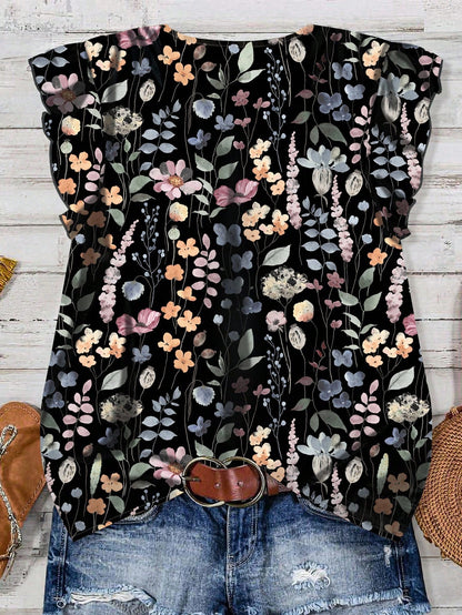 EMERY ROSE Women's Elegant Flutter Sleeve Loose Blouse,Dark Grey,Summer,Boho,Holiday,Vacation,Holiday,Front Button Closure,Ditsy Vintage Flower Pattern Blouses
