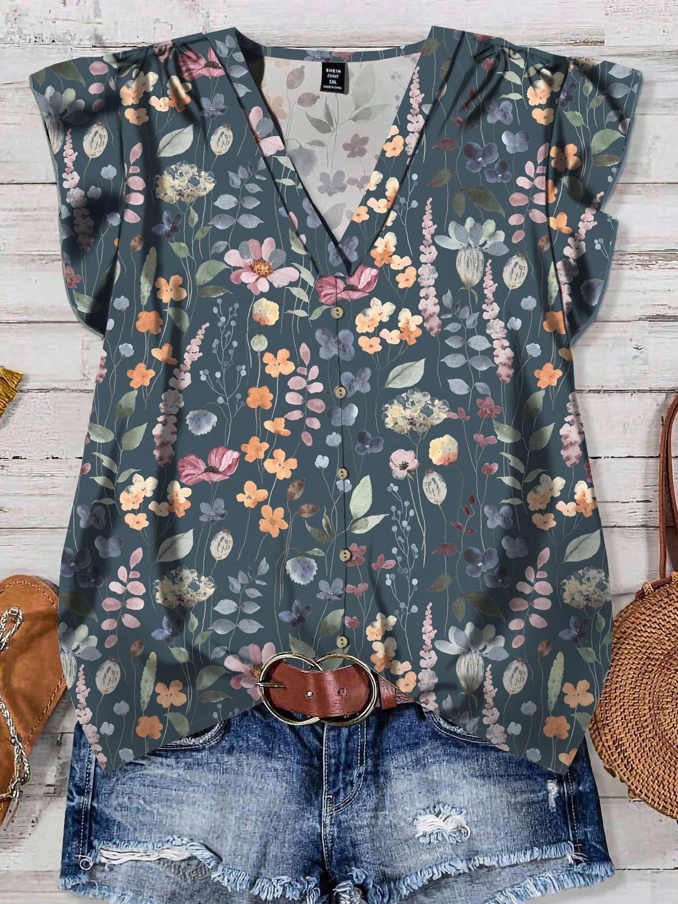EMERY ROSE Women's Elegant Flutter Sleeve Loose Blouse,Dark Grey,Summer,Boho,Holiday,Vacation,Holiday,Front Button Closure,Ditsy Vintage Flower Pattern Blouses