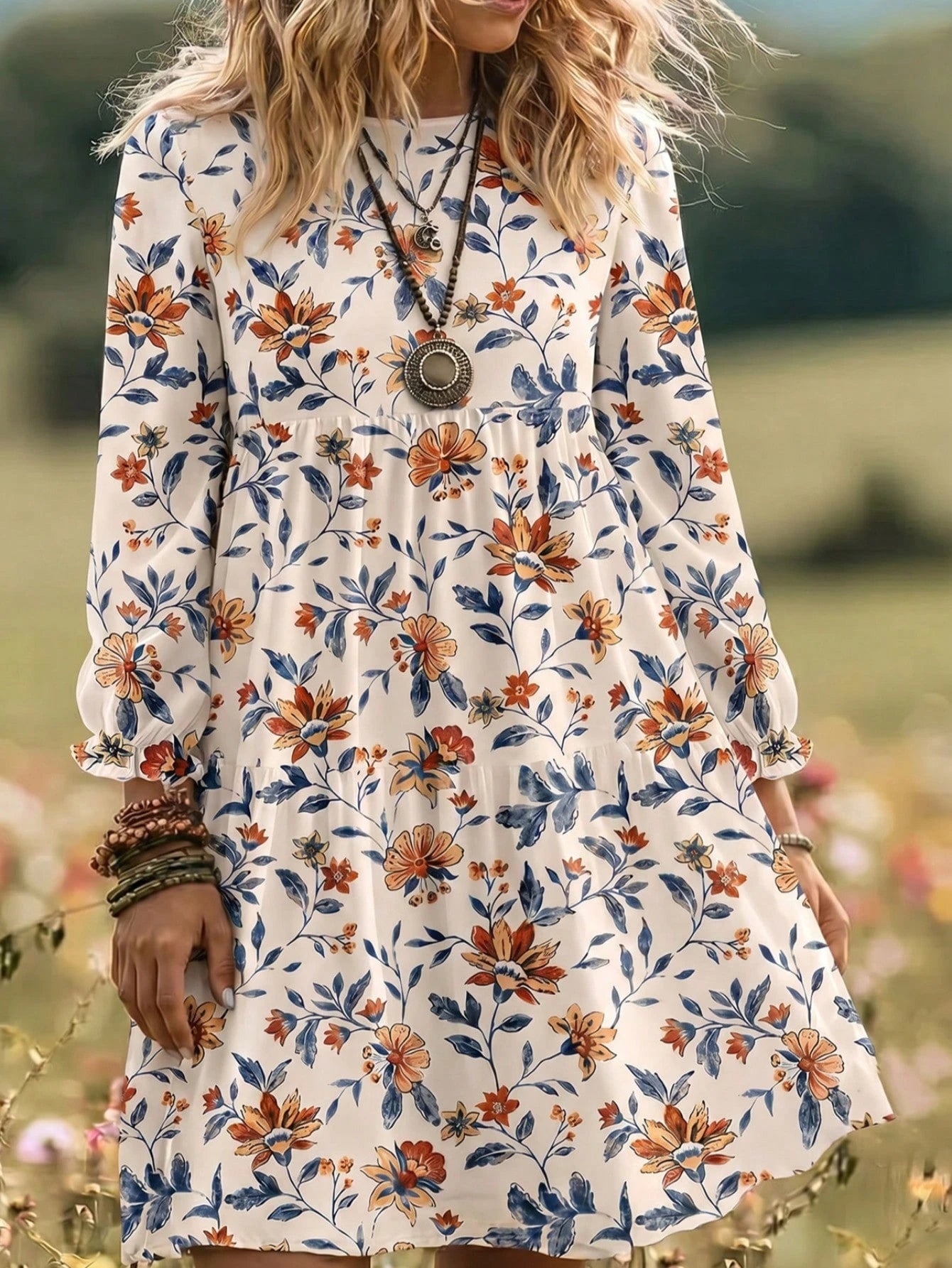 EMERY ROSE Women's Elegant Plant Pattern Smock Dress With Flared Ruffle Hem And Round Neck Long Sleeves Knee Length For Bohemian Style,Casual