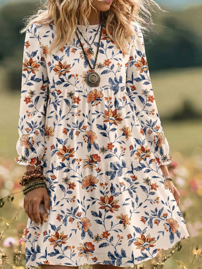 EMERY ROSE Women's Elegant Plant Pattern Smock Dress With Flared Ruffle Hem And Round Neck Long Sleeves Knee Length For Bohemian Style,Casual