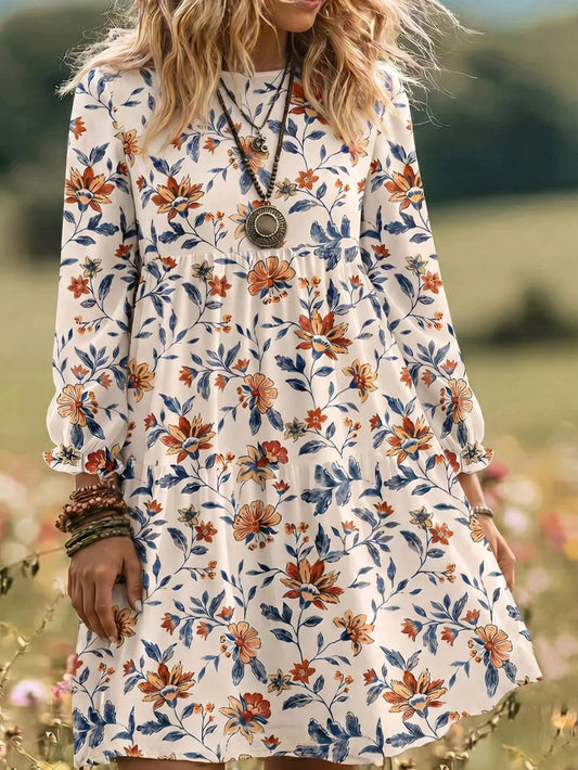 EMERY ROSE Women's Elegant Plant Pattern Smock Dress With Flared Ruffle Hem And Round Neck Long Sleeves Knee Length For Bohemian Style,Casual