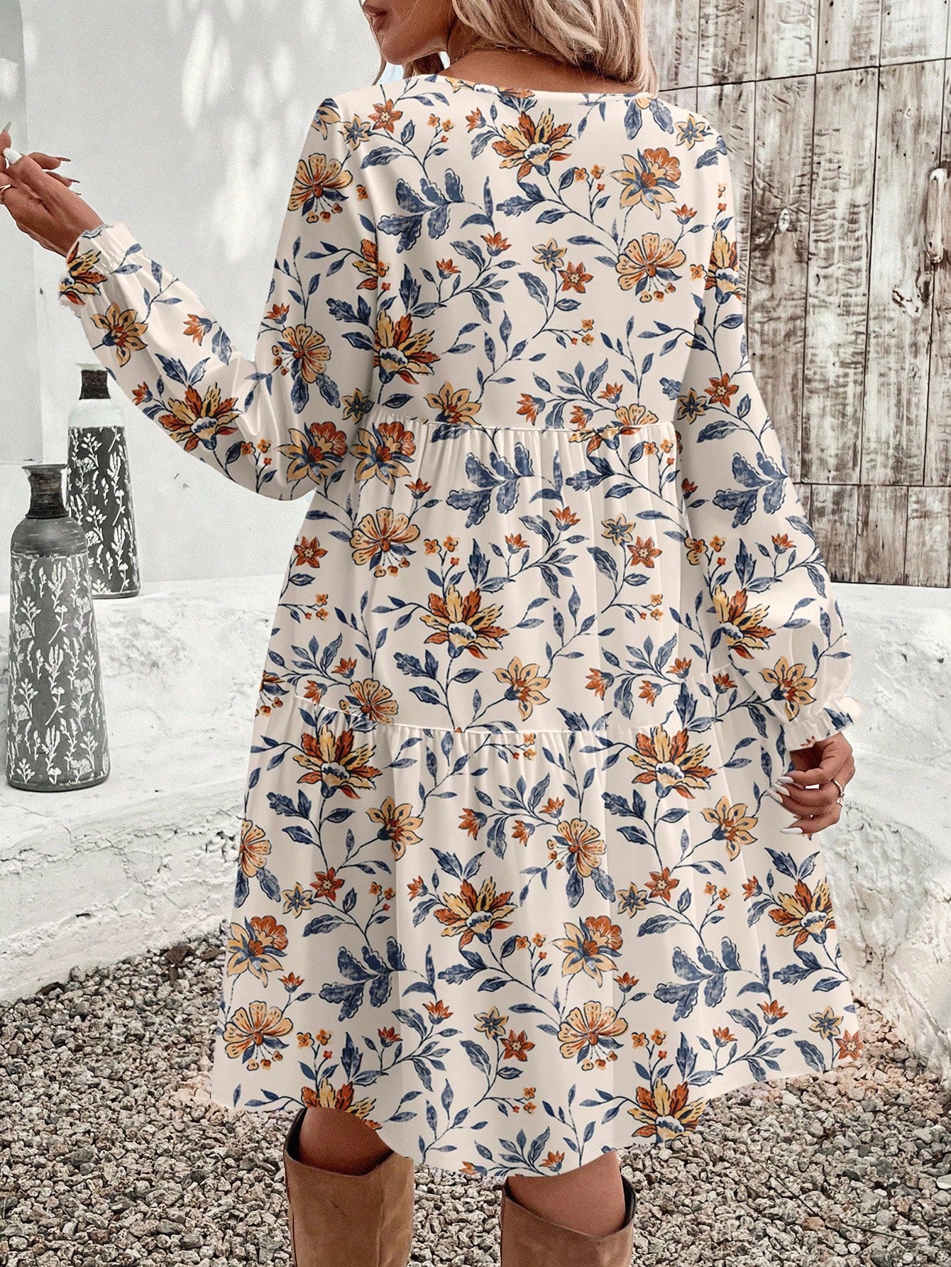 EMERY ROSE Women's Elegant Plant Pattern Smock Dress With Flared Ruffle Hem And Round Neck Long Sleeves Knee Length For Bohemian Style,Casual