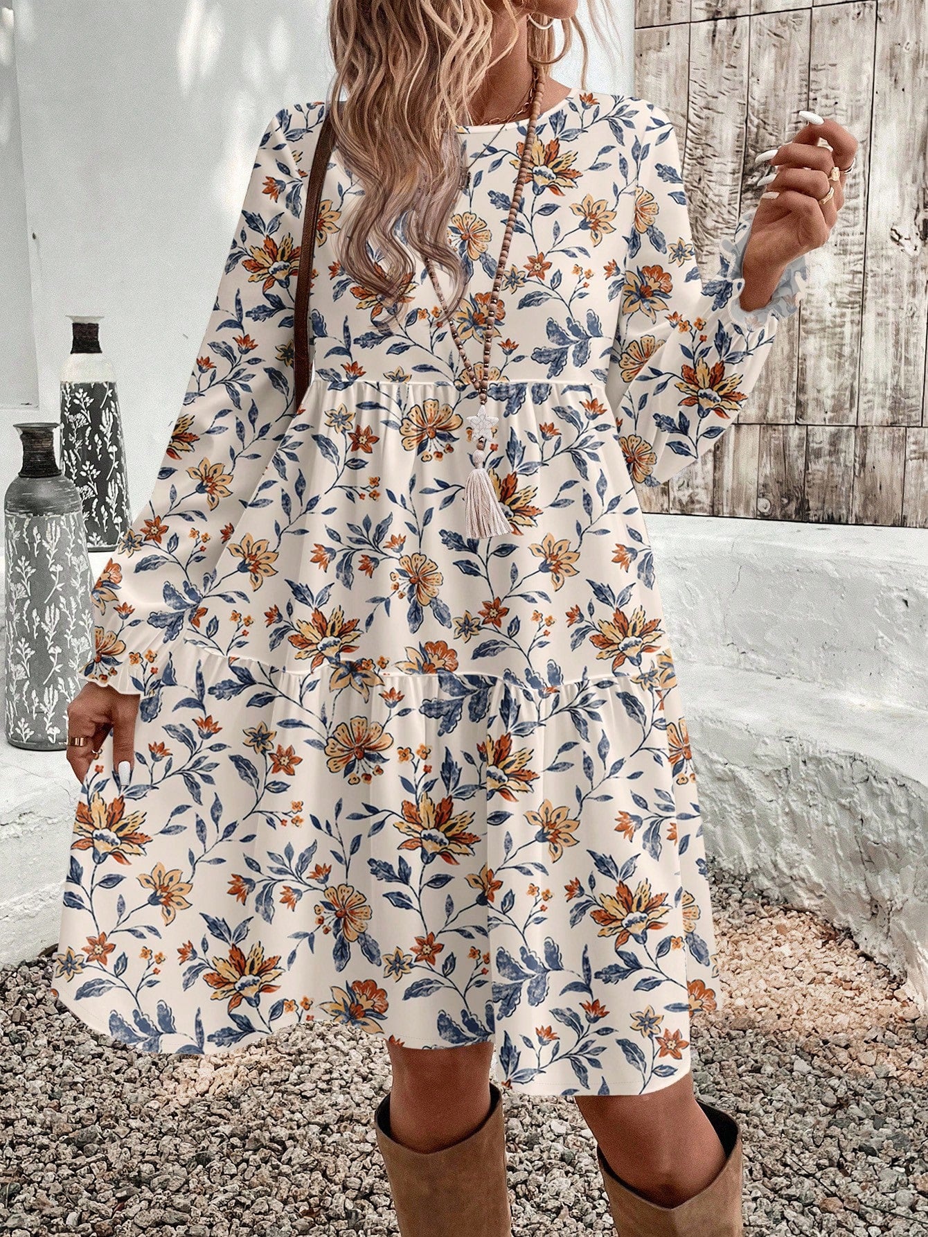 EMERY ROSE Women's Elegant Plant Pattern Smock Dress With Flared Ruffle Hem And Round Neck Long Sleeves Knee Length For Bohemian Style,Casual