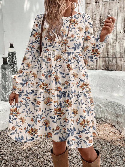 EMERY ROSE Women's Elegant Plant Pattern Smock Dress With Flared Ruffle Hem And Round Neck Long Sleeves Knee Length For Bohemian Style,Casual