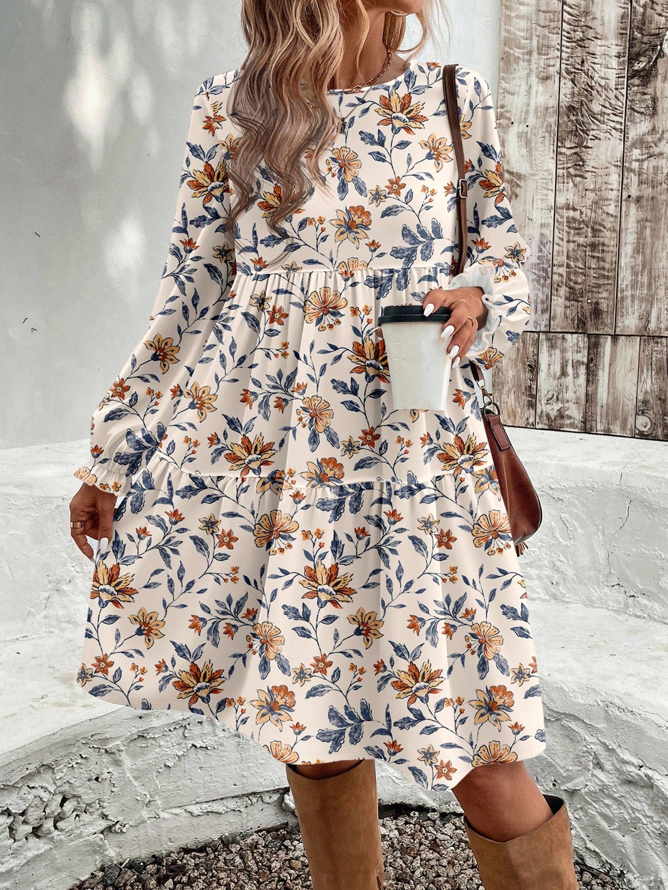 EMERY ROSE Women's Elegant Plant Pattern Smock Dress With Flared Ruffle Hem And Round Neck Long Sleeves Knee Length For Bohemian Style,Casual