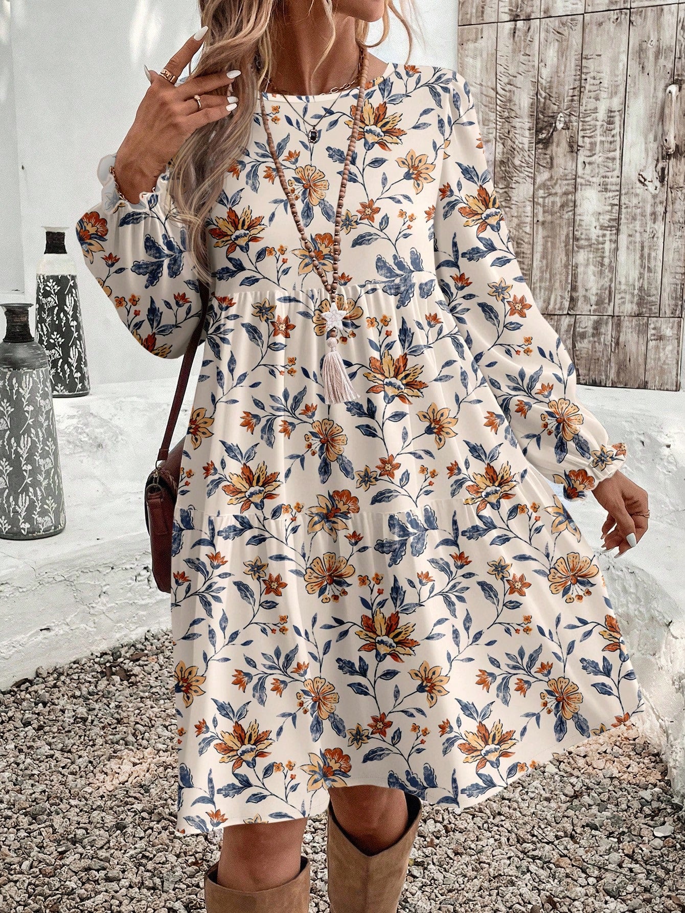 EMERY ROSE Women's Elegant Plant Pattern Smock Dress With Flared Ruffle Hem And Round Neck Long Sleeves Knee Length For Bohemian Style,Casual