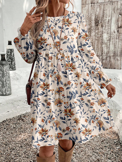 EMERY ROSE Women's Elegant Plant Pattern Smock Dress With Flared Ruffle Hem And Round Neck Long Sleeves Knee Length For Bohemian Style,Casual