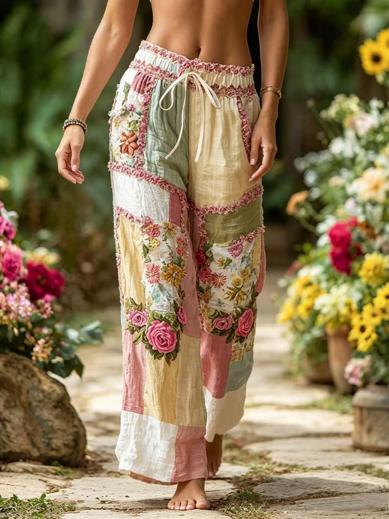 EMERY ROSE Women's Paper Bag Waist Straight Leg Loose Contrast Color Drawstring Pants, Fashionable Summer Long Trousers