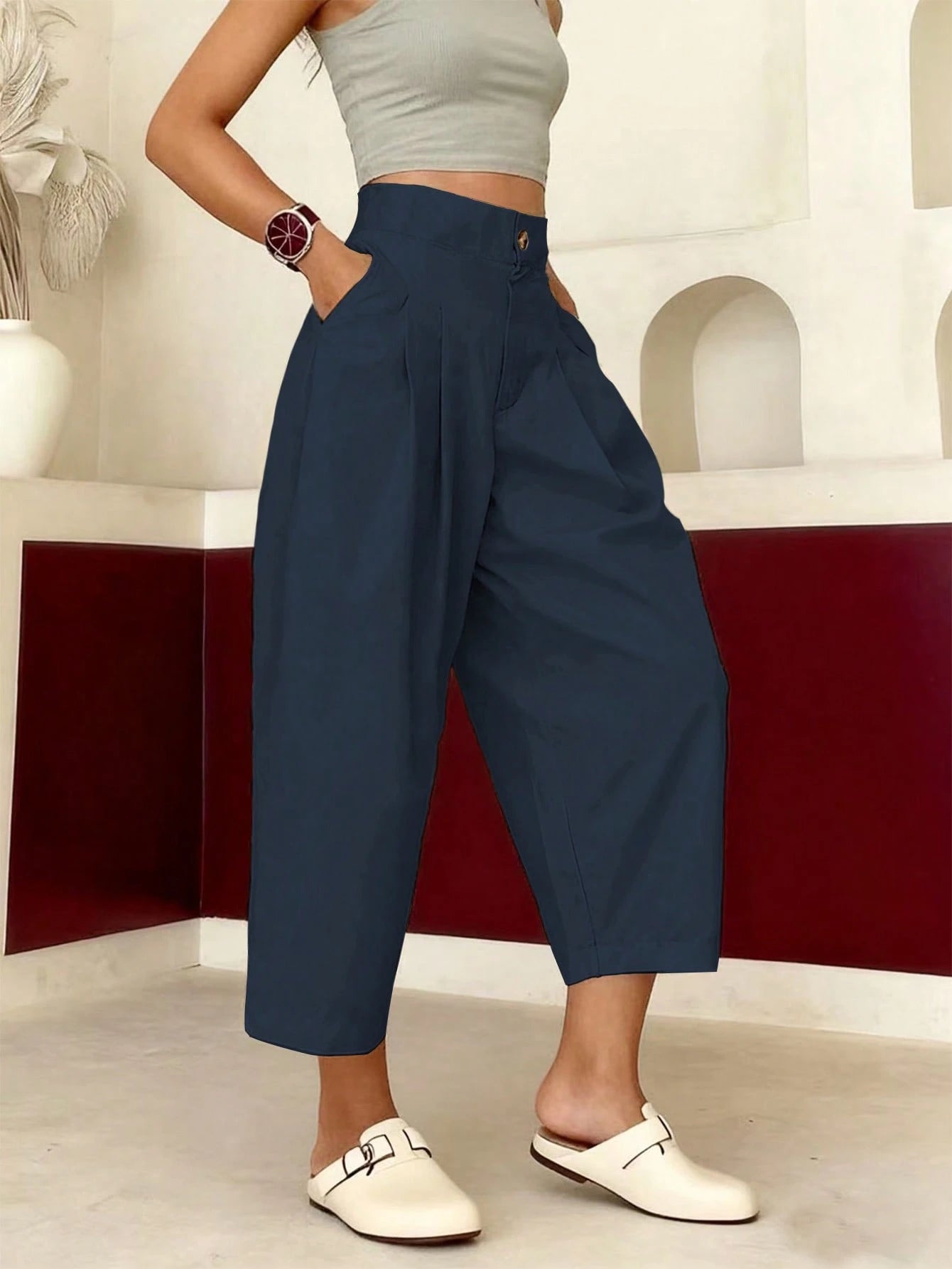 EMERY ROSE Women's Solid Color Casual Loose Pocket Cropped Pants