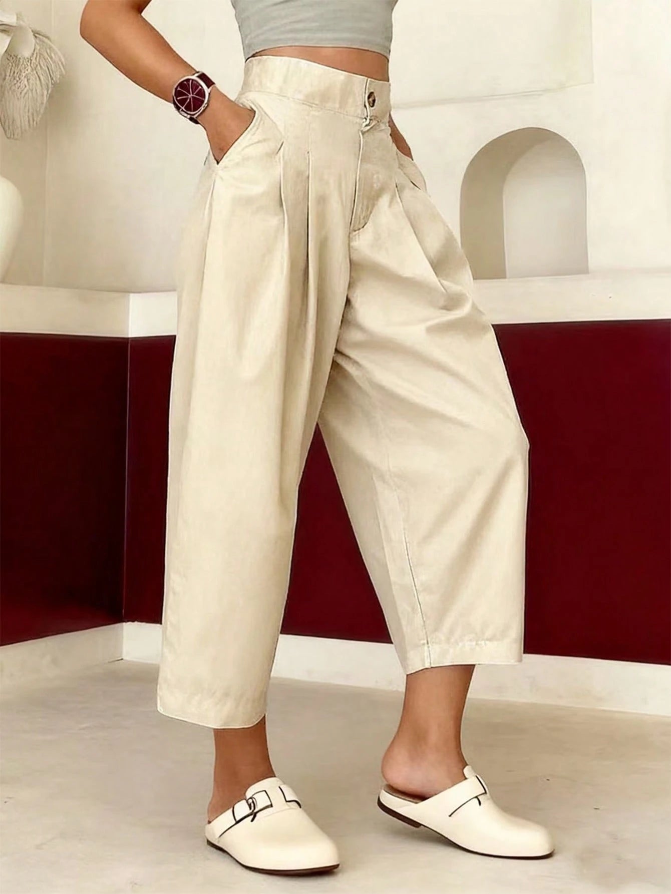 EMERY ROSE Women's Solid Color Casual Loose Pocket Cropped Pants