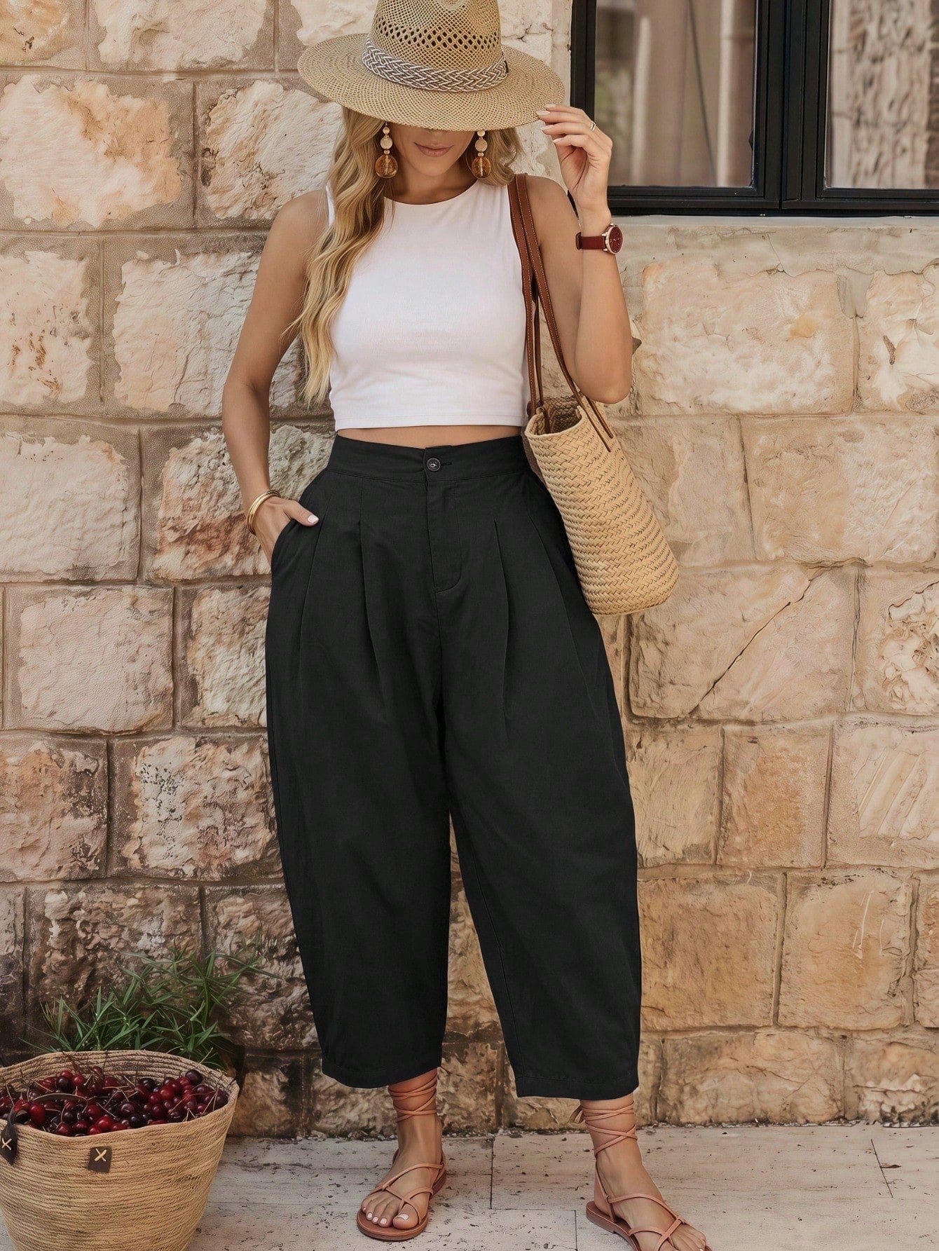 EMERY ROSE Women's Solid Color Casual Loose Pocket Cropped Pants
