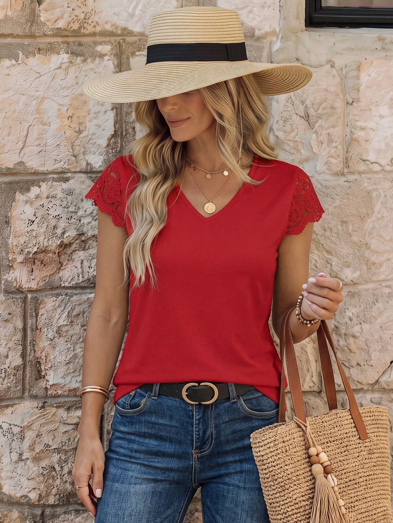 EMERY ROSE Women's Solid V-Neck Short Sleeve Simple Casual Top