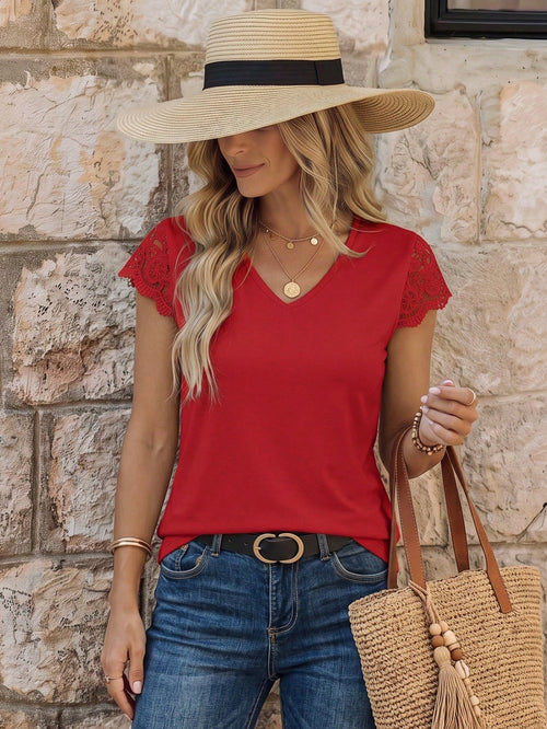 EMERY ROSE Women's Solid V-Neck Short Sleeve Simple Casual Top