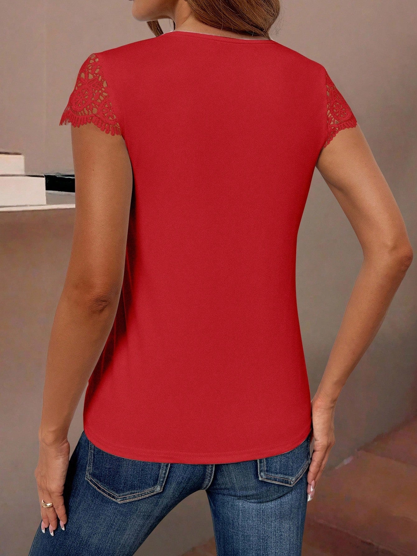 EMERY ROSE Women's Solid V-Neck Short Sleeve Simple Casual Top