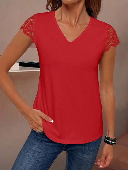 EMERY ROSE Women's Solid V-Neck Short Sleeve Simple Casual Top