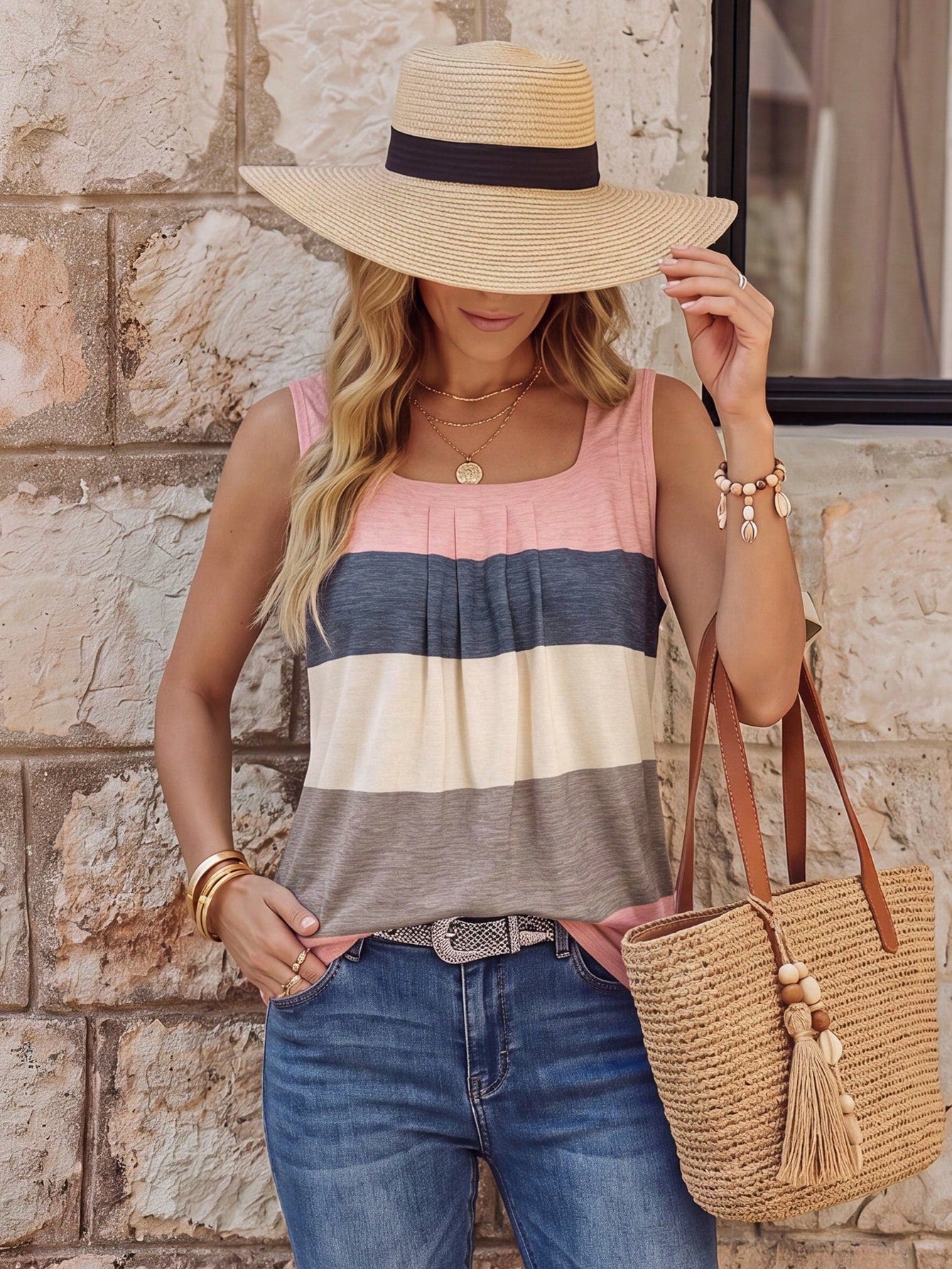 EMERY ROSE Women's Vacation Casual Color Block Striped Contrast Print T-Shirt Tank Top Summer, Suitable For Women's Party, Date, Wedding Season, Work Commute, Business Elegant, Christmas, Graduation S