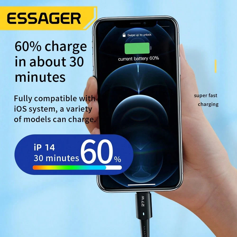 ESSAGER 20W/27W USB-C To IOS Data Cable, Fast Charging Power Digital Display, Suitable For Phone Data Transfer, Maximum Speed Up To 480Mbps