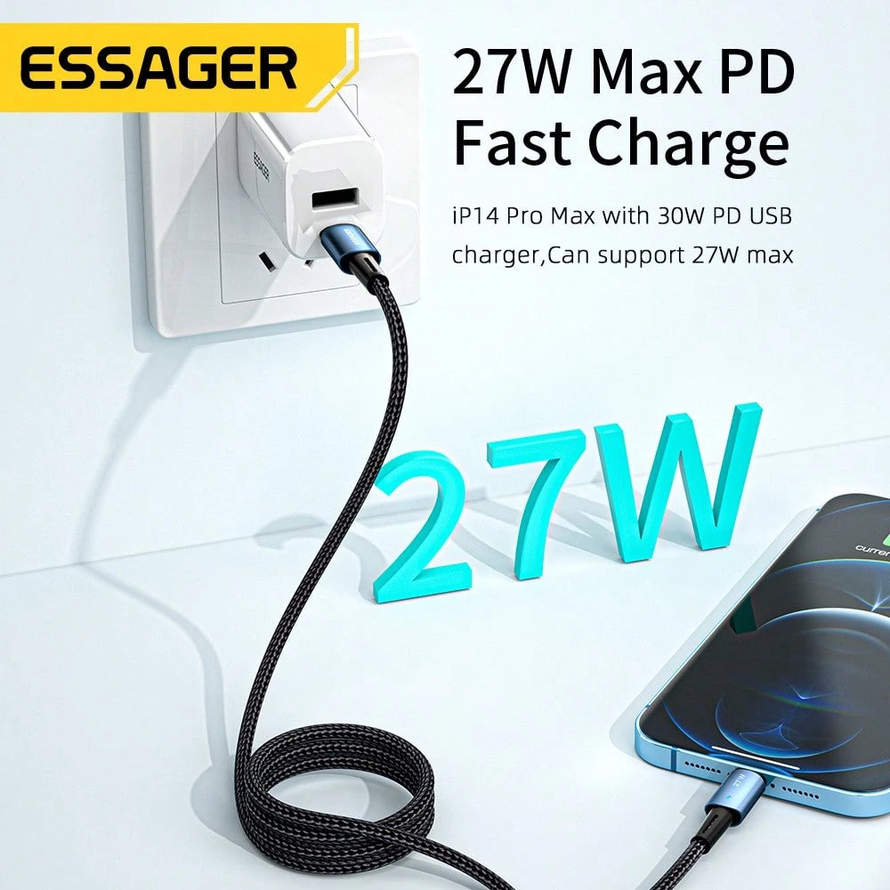 ESSAGER 20W/27W USB-C To IOS Data Cable, Fast Charging Power Digital Display, Suitable For Phone Data Transfer, Maximum Speed Up To 480Mbps