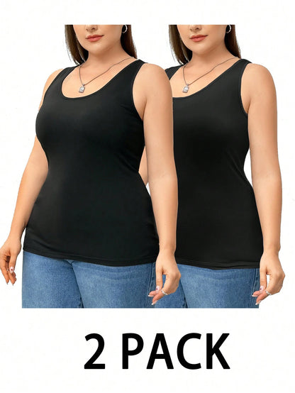 Essnce 2 Pieces Plus Size Camisole Women's Black Top, Summer Casual Business Casual Everyday Base Tank Top, Curve Outfits Hollowed Sweater Lounge Office