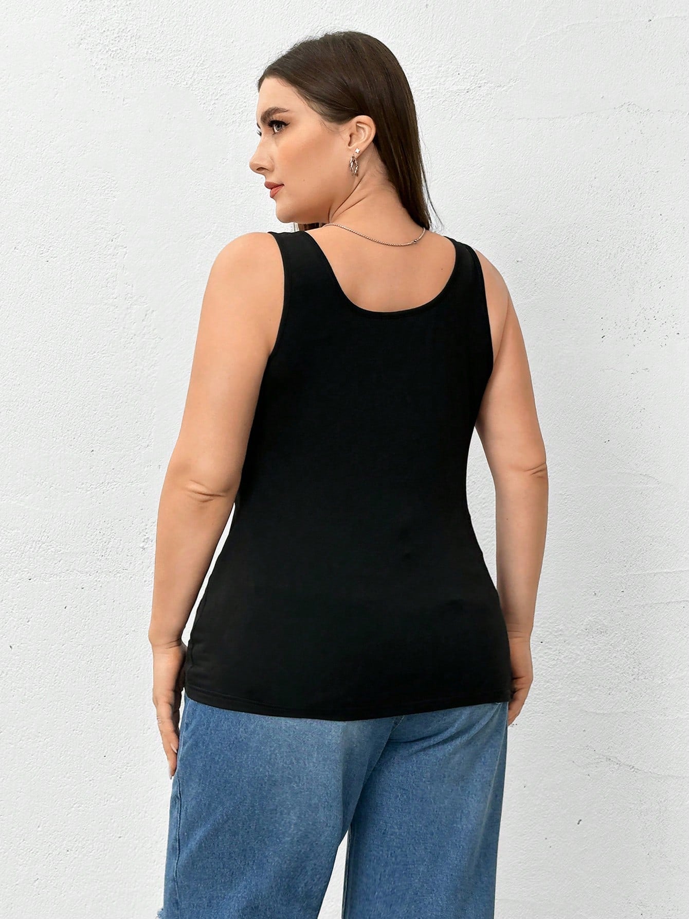 Essnce 2 Pieces Plus Size Camisole Women's Black Top, Summer Casual Business Casual Everyday Base Tank Top, Curve Outfits Hollowed Sweater Lounge Office