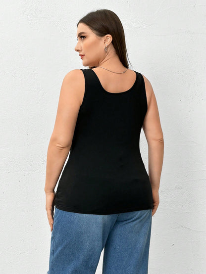 Essnce 2 Pieces Plus Size Camisole Women's Black Top, Summer Casual Business Casual Everyday Base Tank Top, Curve Outfits Hollowed Sweater Lounge Office