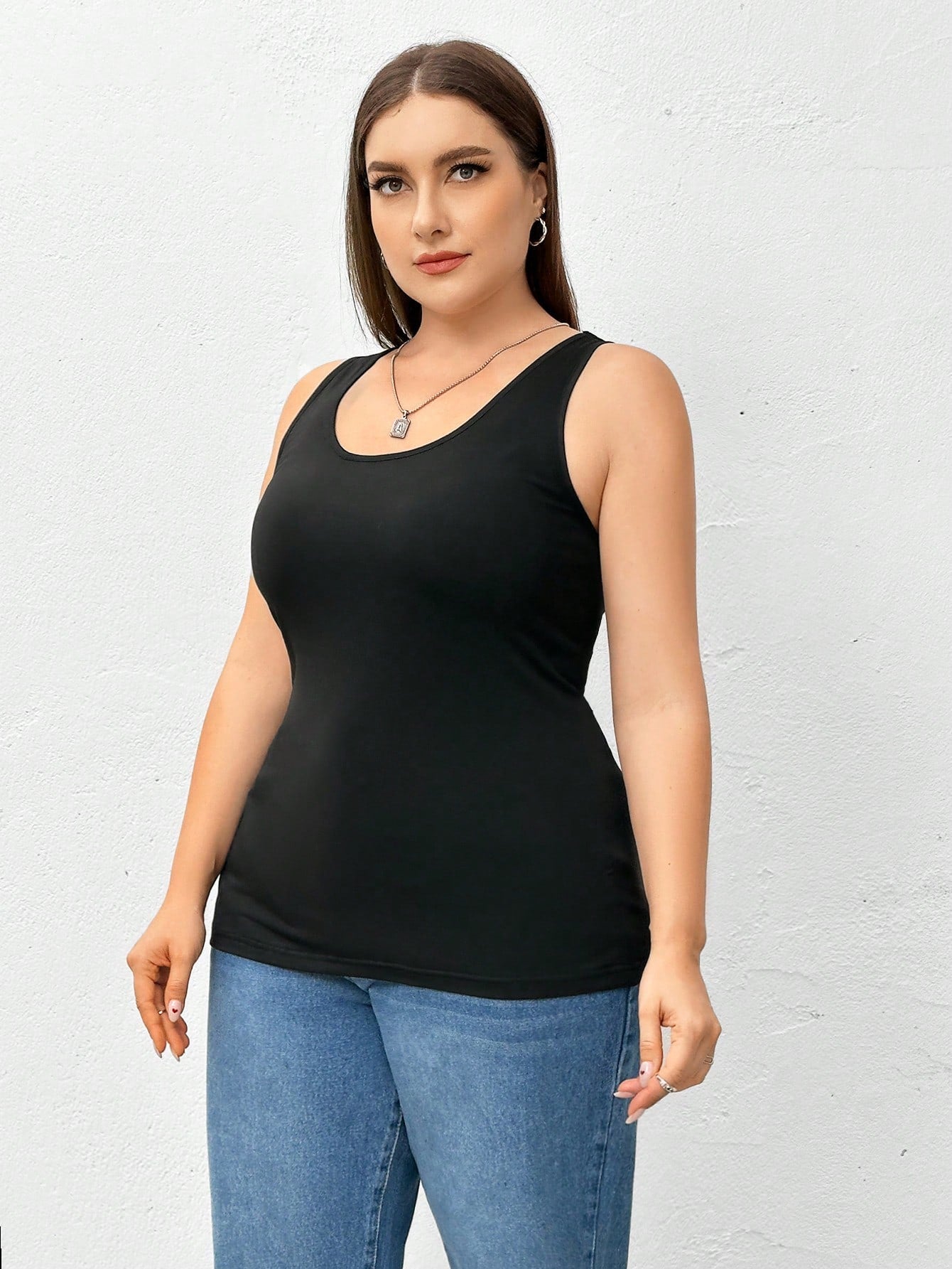 Essnce 2 Pieces Plus Size Camisole Women's Black Top, Summer Casual Business Casual Everyday Base Tank Top, Curve Outfits Hollowed Sweater Lounge Office