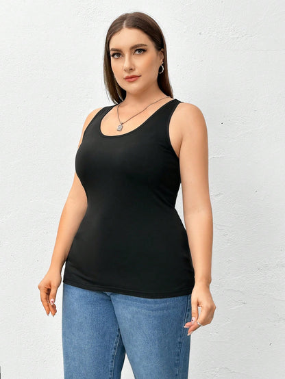 Essnce 2 Pieces Plus Size Camisole Women's Black Top, Summer Casual Business Casual Everyday Base Tank Top, Curve Outfits Hollowed Sweater Lounge Office