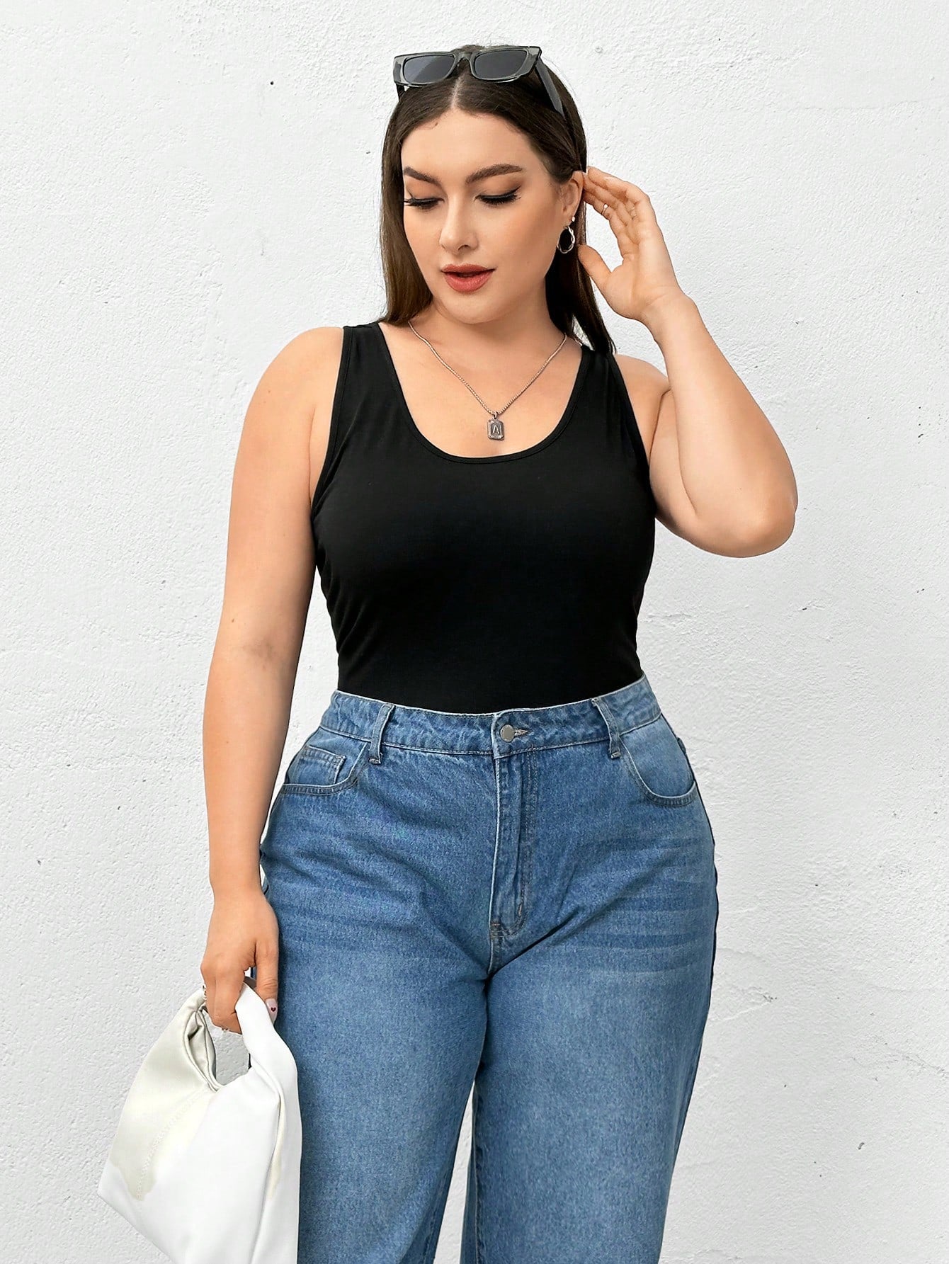 Essnce 2 Pieces Plus Size Camisole Women's Black Top, Summer Casual Business Casual Everyday Base Tank Top, Curve Outfits Hollowed Sweater Lounge Office