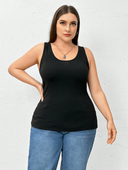 Essnce 2 Pieces Plus Size Camisole Women's Black Top, Summer Casual Business Casual Everyday Base Tank Top, Curve Outfits Hollowed Sweater Lounge Office