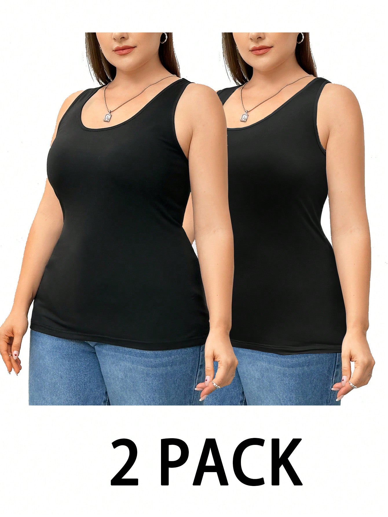 Essnce 2 Pieces Plus Size Camisole Women's Black Top, Summer Casual Business Casual Everyday Base Tank Top, Curve Outfits Hollowed Sweater Lounge Office