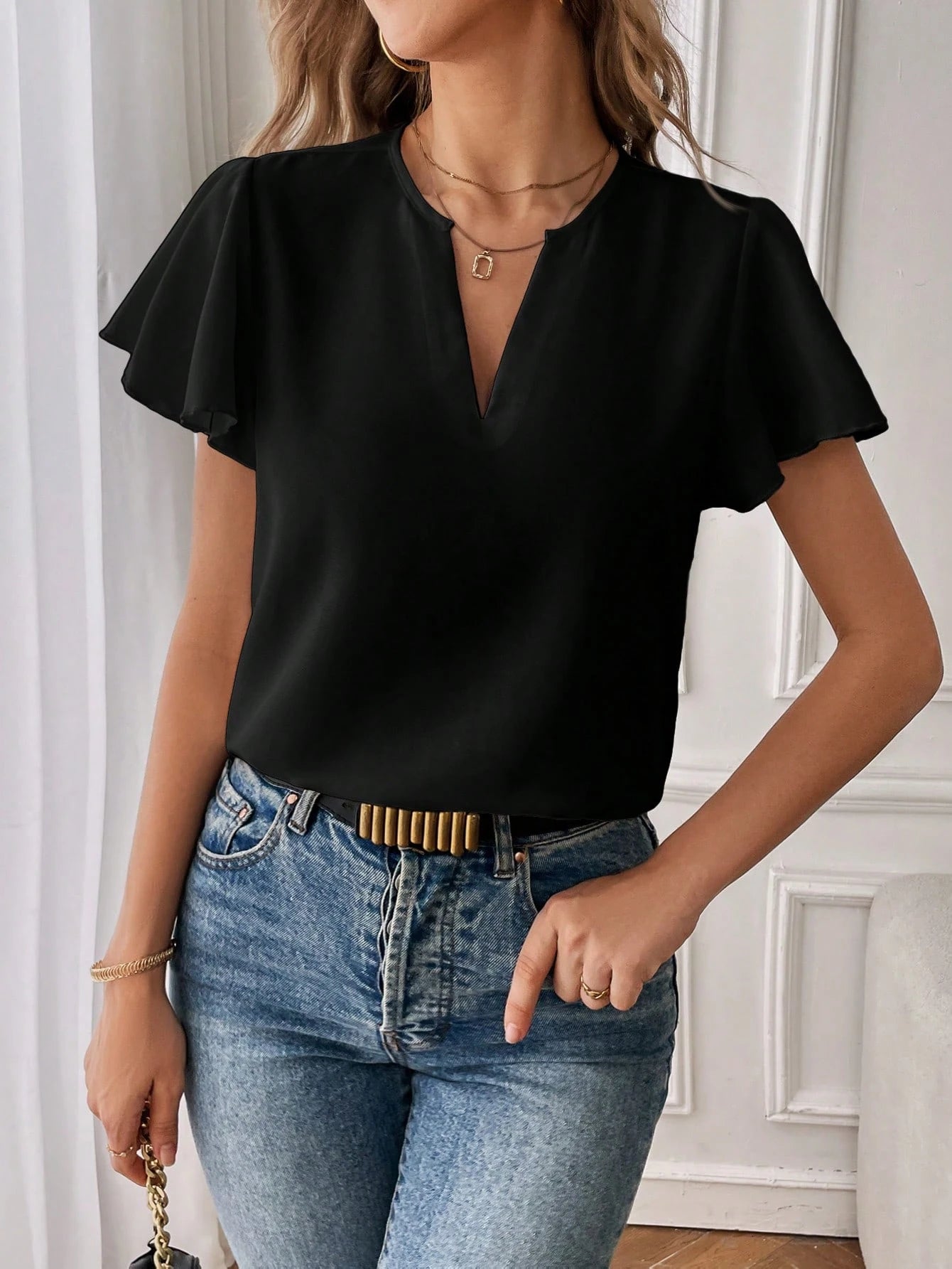 Essnce Leisure & Work Commute Women's Summer Solid Color Notch V-Neck Ruffle Short Sleeve Shirt,Short Sleeve Tops